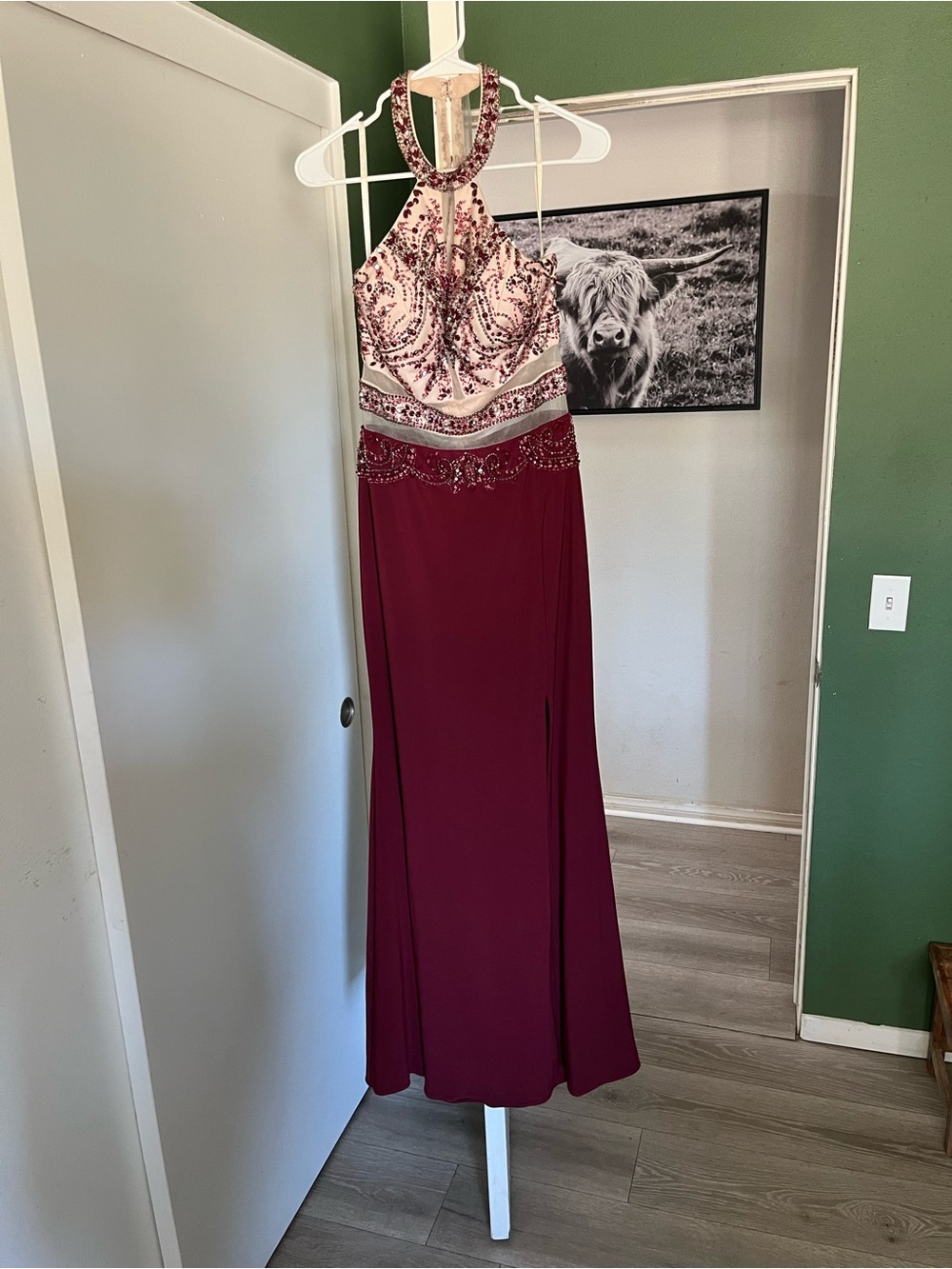 Sleeveless Halter Prom Dress with Embellished Bodice in Burgundy and Blush
